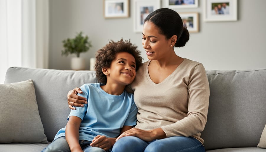 A parent and child sit together in a calm, supportive setting, making eye contact and looking reassuring.