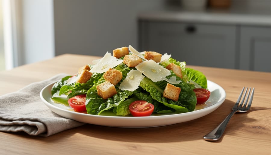 A plated romaine lettuce salad with fresh vegetables and lemon on a ceramic dish