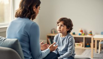 A parent and child sit together in a calm, supportive room, with the parent offering comforting eye contact and reassurance.