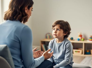 A parent and child sit together in a calm, supportive room, with the parent offering comforting eye contact and reassurance.