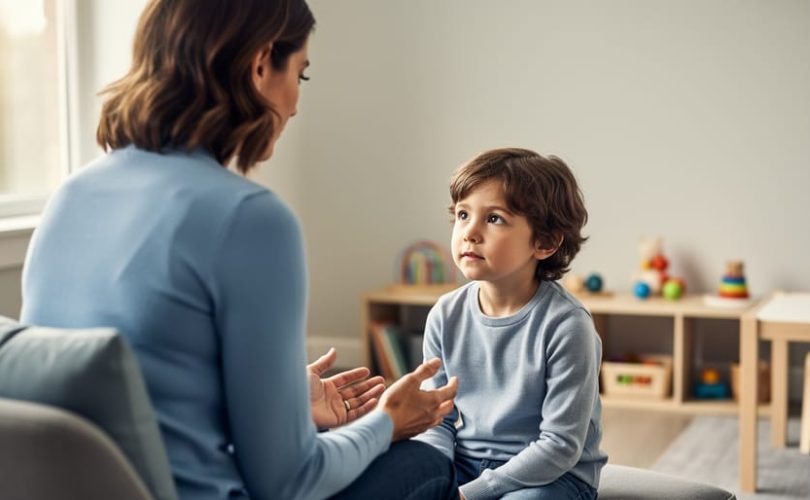 A parent and child sit together in a calm, supportive room, with the parent offering comforting eye contact and reassurance.