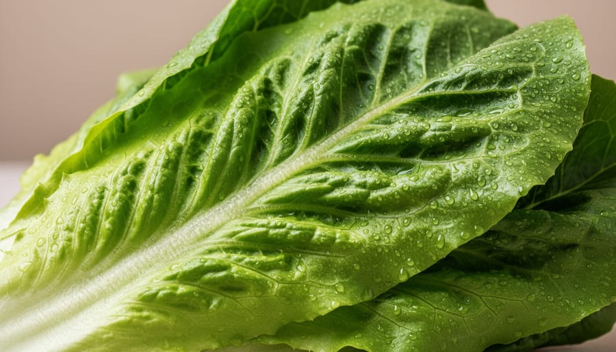 Close-up macro photograph of romaine lettuce leaves with water droplets and visible leaf veins