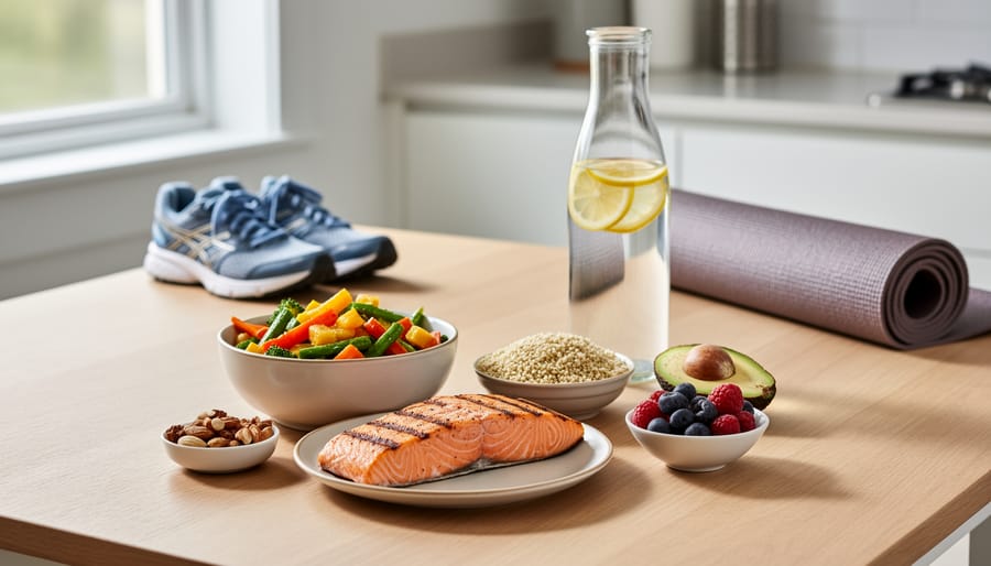 Colorful balanced meal with lean protein, grains, and vegetables on a wooden table