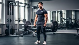 A muscular man holding a barbell in a modern gym, photographed at eye level with blurred workout equipment in the background.
