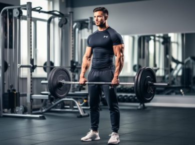 A muscular man holding a barbell in a modern gym, photographed at eye level with blurred workout equipment in the background.