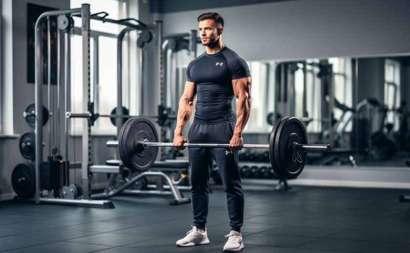 A muscular man holding a barbell in a modern gym, photographed at eye level with blurred workout equipment in the background.