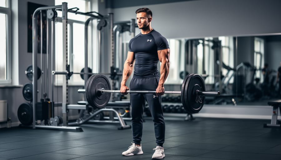 A muscular man holding a barbell in a modern gym, photographed at eye level with blurred workout equipment in the background.