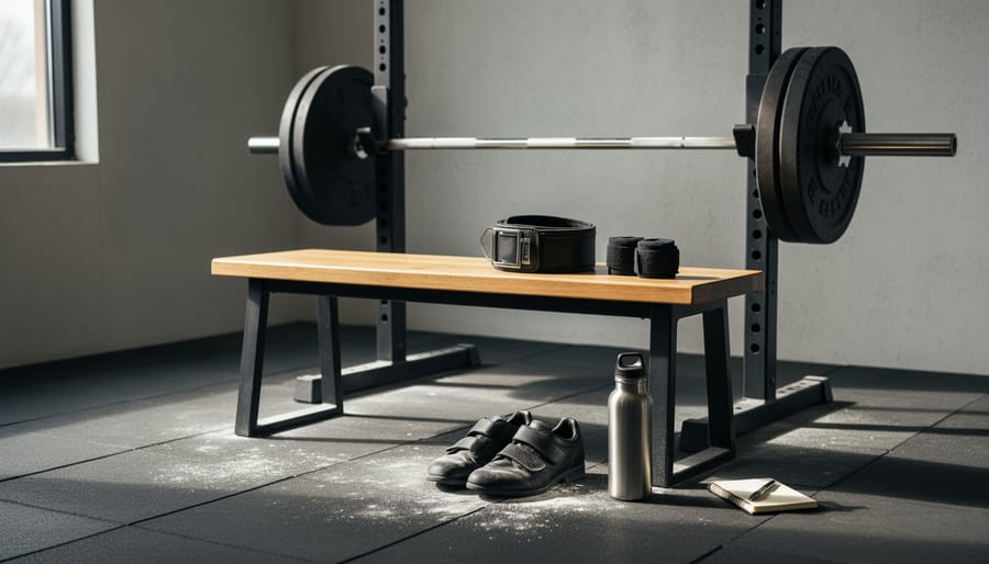 Fitness enthusiast’s lifting belt and wrist wraps on a gym bench near a mirror