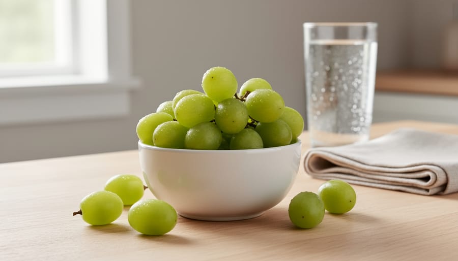 Green grapes in a bowl on a kitchen counter with soft morning light