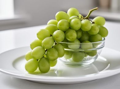 Close-up of fresh seedless green grapes with visible water droplets, arranged on a white plate beside a glass bowl.