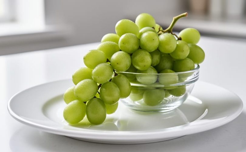 Close-up of fresh seedless green grapes with visible water droplets, arranged on a white plate beside a glass bowl.