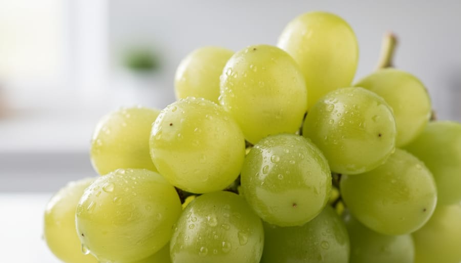 Macro close-up of green grapes with water droplets on their skins