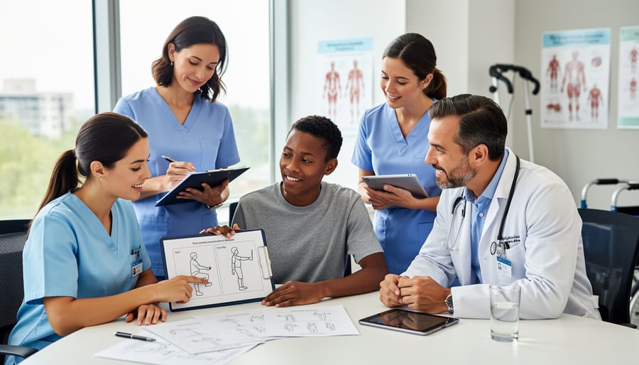 Multidisciplinary rehabilitation team collaborating with a patient in an accessible clinic space