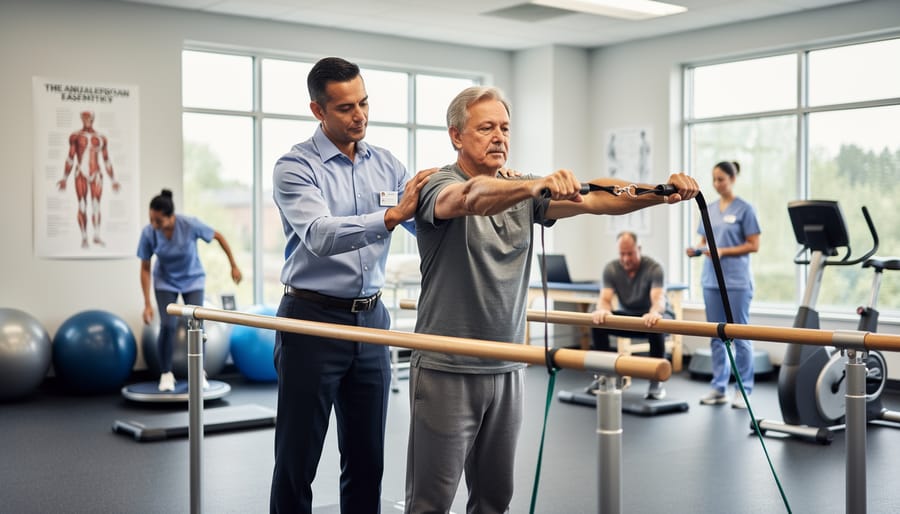 Person doing supported standing and balance exercises with crutch assistance in a therapy room
