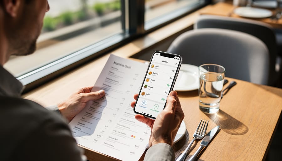 Person holding a smartphone and menu near a plate of salad at a restaurant table