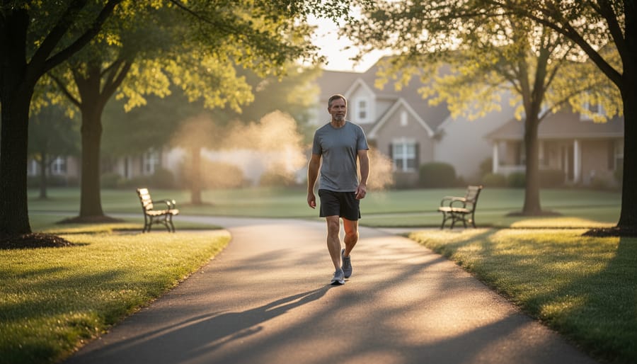 Person pausing on a quiet park path at dawn near a tree, suggesting a cautious return to routine.