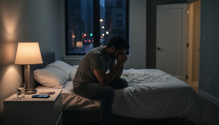 Person sitting alone on a couch at night under a dim bedside lamp, looking distressed.