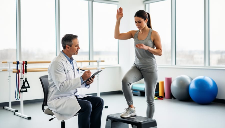 Physiatrist in a rehabilitation clinic examining a patient’s leg movement while discussing recovery