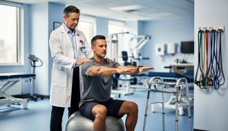 A physiatrist helping a patient with a stability-ball exercise in a modern rehabilitation clinic, with assistive therapy equipment in the background.