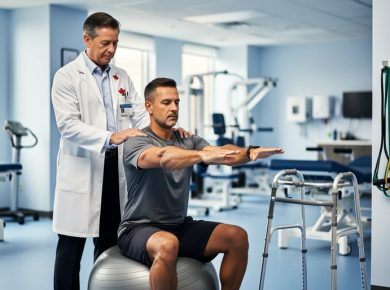 A physiatrist helping a patient with a stability-ball exercise in a modern rehabilitation clinic, with assistive therapy equipment in the background.