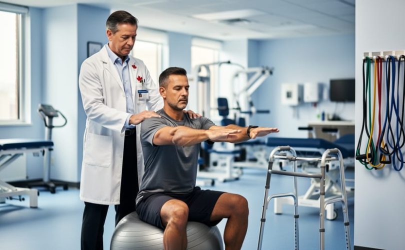 A physiatrist helping a patient with a stability-ball exercise in a modern rehabilitation clinic, with assistive therapy equipment in the background.
