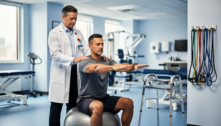 A physiatrist helping a patient with a stability-ball exercise in a modern rehabilitation clinic, with assistive therapy equipment in the background.