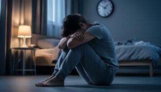 A person sitting alone on the bedroom floor at night with their head in their hands near a softly lit bedside lamp, conveying isolation and heightened stress.