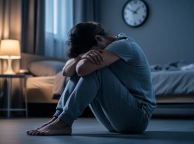 A person sitting alone on the bedroom floor at night with their head in their hands near a softly lit bedside lamp, conveying isolation and heightened stress.