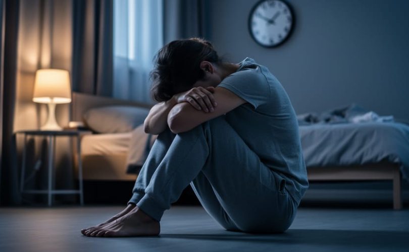 A person sitting alone on the bedroom floor at night with their head in their hands near a softly lit bedside lamp, conveying isolation and heightened stress.