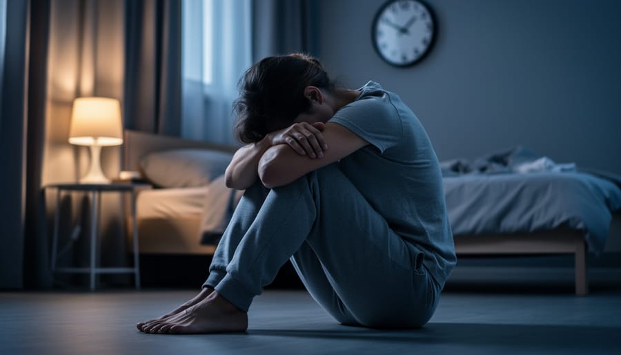 A person sitting alone on the bedroom floor at night with their head in their hands near a softly lit bedside lamp, conveying isolation and heightened stress.