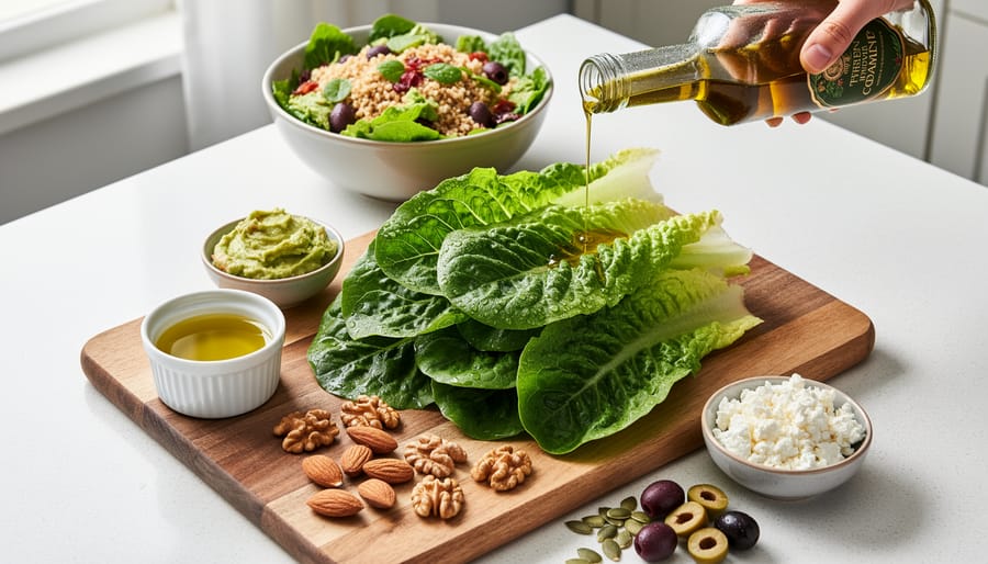 Romaine lettuce being prepared with olive oil and avocado on a wooden cutting board