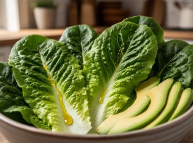 Close-up of romaine lettuce leaves in a bowl with golden olive oil drizzle and avocado slices, photographed in soft natural light.