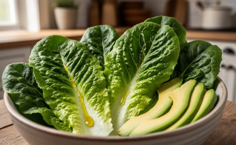 Close-up of romaine lettuce leaves in a bowl with golden olive oil drizzle and avocado slices, photographed in soft natural light.