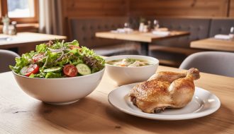 Close-up of a Swiss Chalet–style light meal with a house garden salad and chicken soup on a wooden table in a softly blurred dining room.