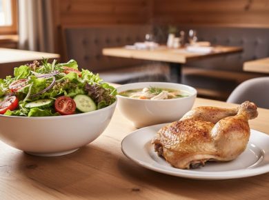 Close-up of a Swiss Chalet–style light meal with a house garden salad and chicken soup on a wooden table in a softly blurred dining room.