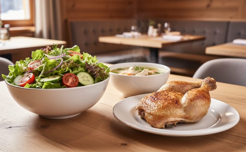 Close-up of a Swiss Chalet–style light meal with a house garden salad and chicken soup on a wooden table in a softly blurred dining room.