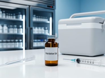 Amber glass peptide vial on a clean lab bench next to a sterile pipette and insulated cooler, suggesting proper cold storage handling.