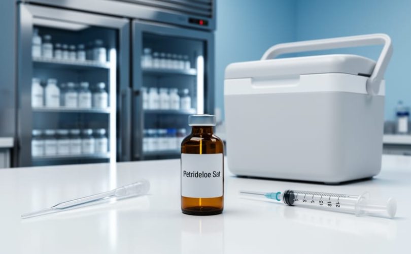 Amber glass peptide vial on a clean lab bench next to a sterile pipette and insulated cooler, suggesting proper cold storage handling.