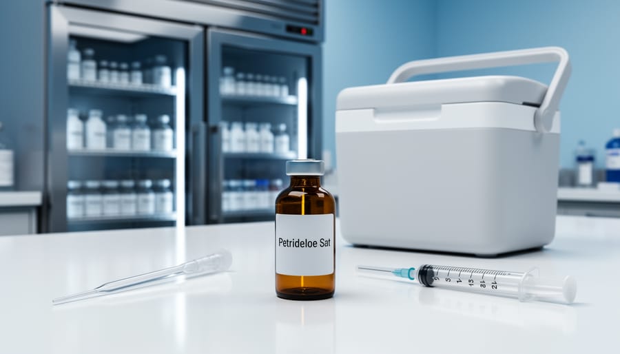 Amber glass peptide vial on a clean lab bench next to a sterile pipette and insulated cooler, suggesting proper cold storage handling.