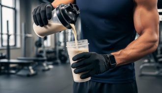 A person pours protein shake into a shaker bottle right after training in a gym setting.