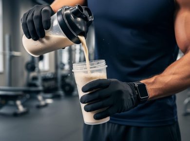A person pours protein shake into a shaker bottle right after training in a gym setting.
