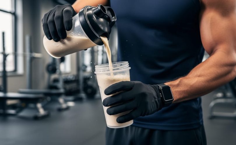 A person pours protein shake into a shaker bottle right after training in a gym setting.