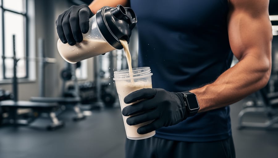 A person pours protein shake into a shaker bottle right after training in a gym setting.