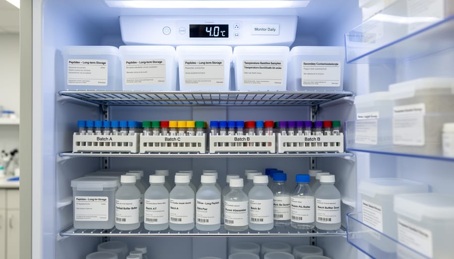 Sealed containers arranged neatly on a refrigerator shelf in a clean, organized setup