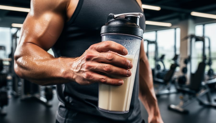 Person pouring whey protein into a glass with ice in a gym setting