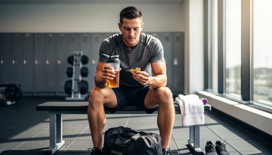 Person preparing to work out with a shaker bottle on the floor beside running shoes