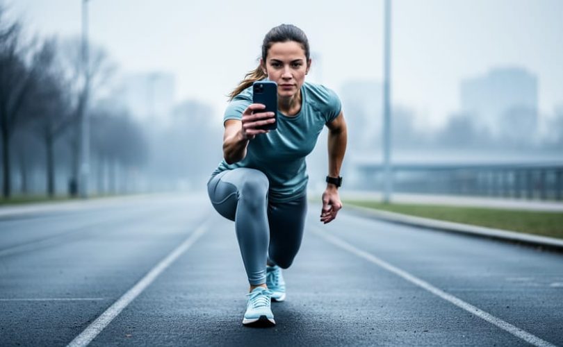 Athlete in activewear performing a controlled lunge on an uneven outdoor track in a park setting, illustrating resilience and adaptable training.
