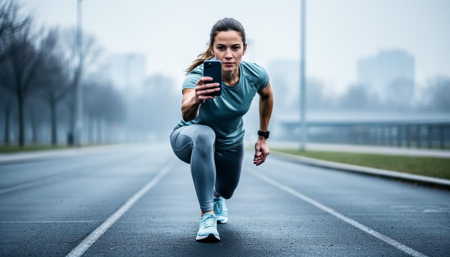 Athlete in activewear performing a controlled lunge on an uneven outdoor track in a park setting, illustrating resilience and adaptable training.