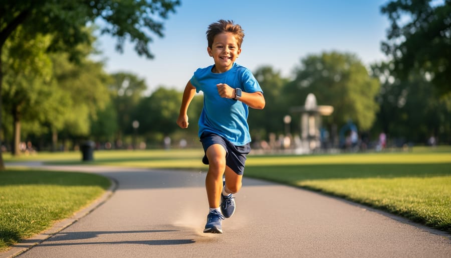 A child wearing an activity tracker runs outdoors on a park path with trees in the background.