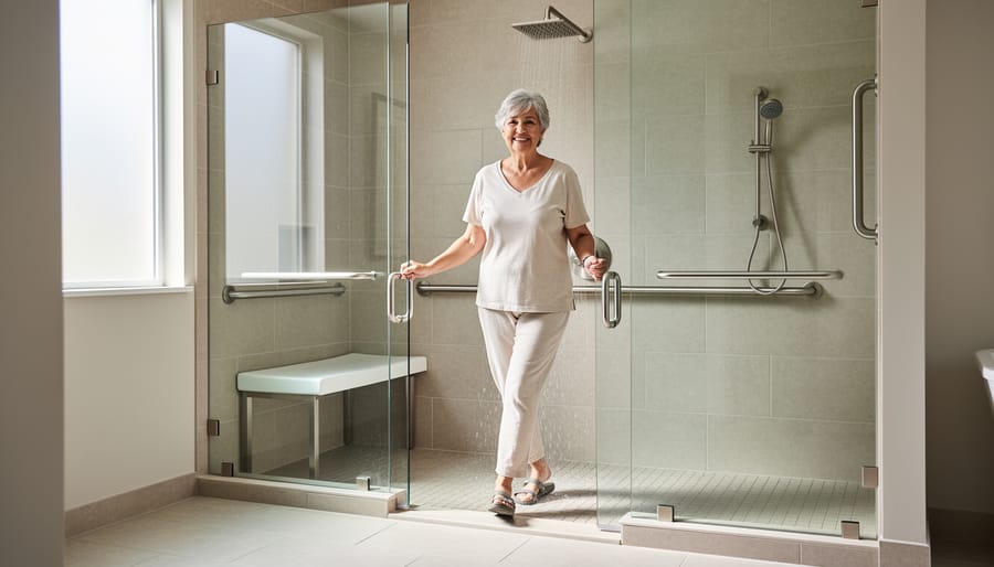 Older adult stepping into a barrier-free walk-in shower with low or no threshold
